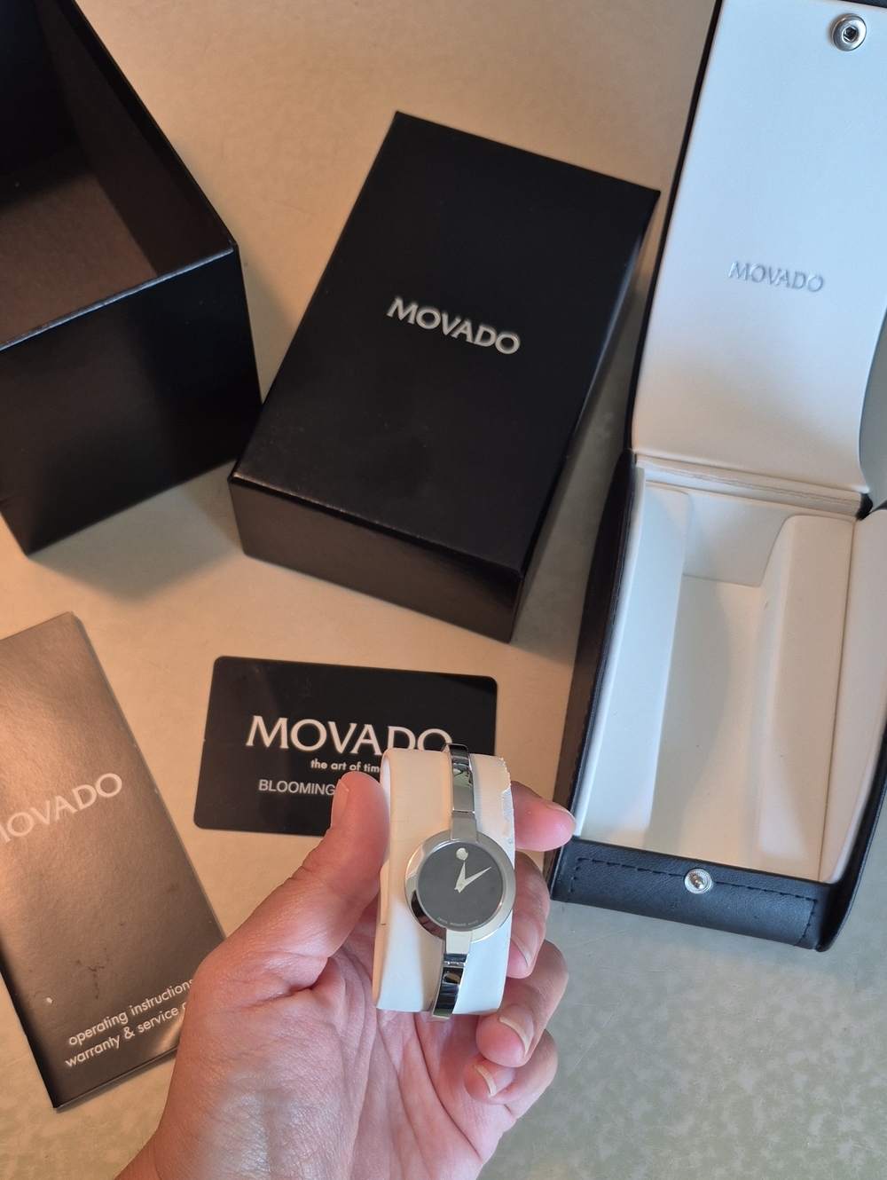 Movado Silver Bracelet Watch with Black Dial In Original Box With Movado Card